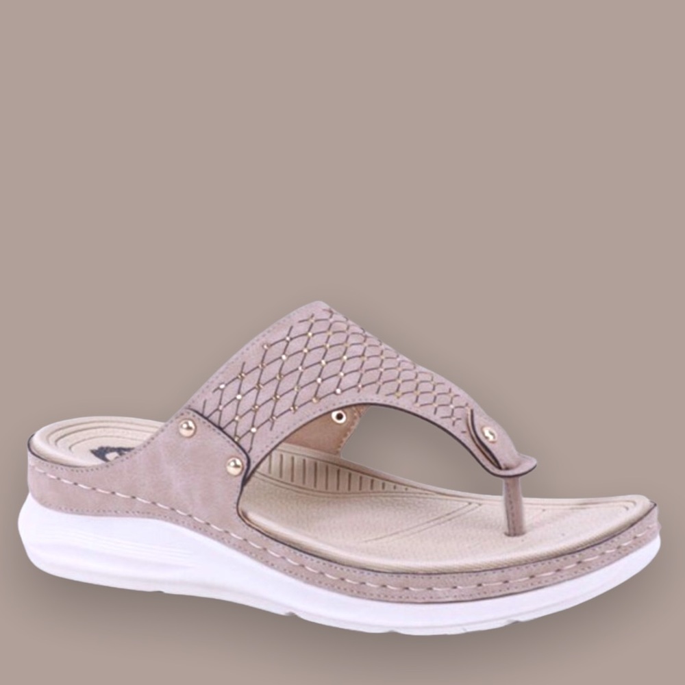 Italina Tan White Textured Rhinestone Thong Slide On Padded Comfort Wedge Sandal - Picture 1 of 6